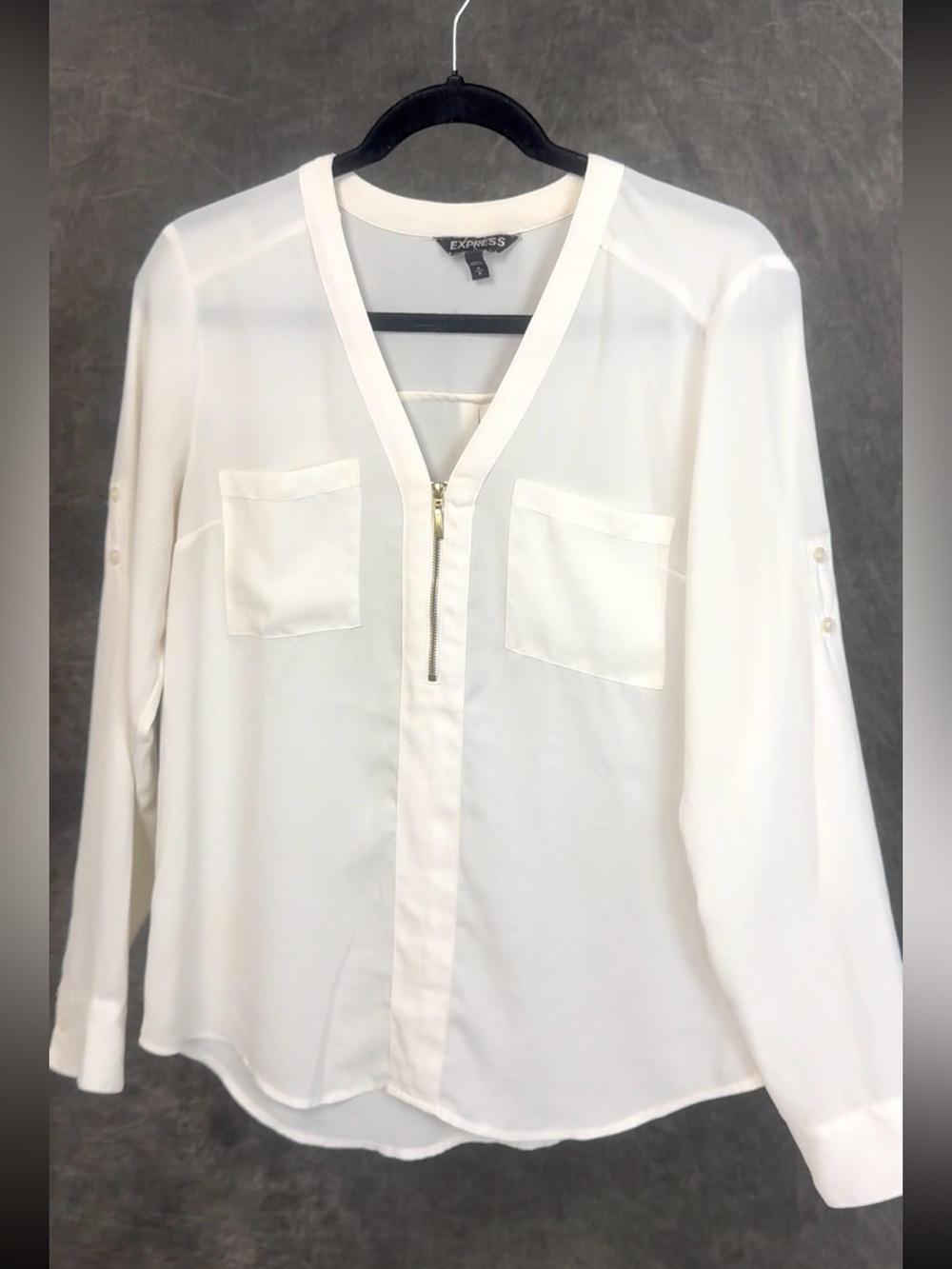 Express Ivory Zip Utility Blouse | Roll Tab Sleeve Top | Size M